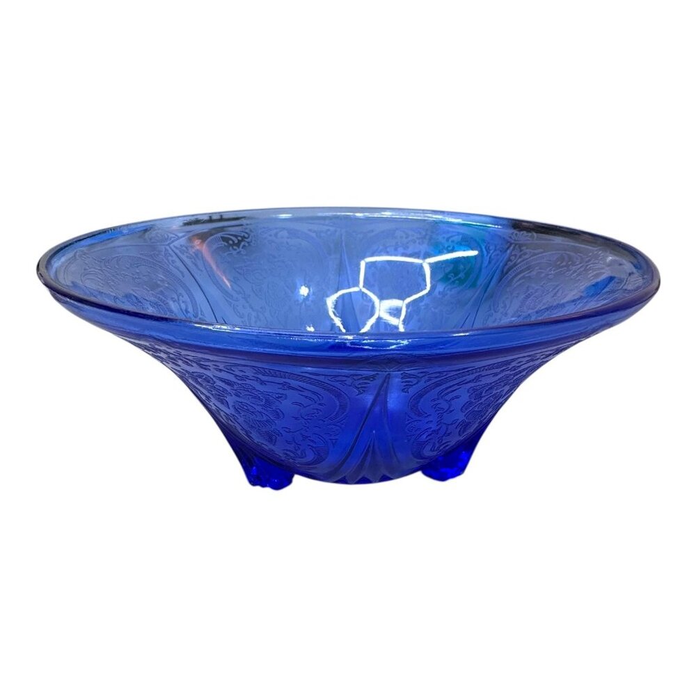 Vintage Hazel Atlas Royal Lace Cobalt Blue Etched Glass Footed Bowl 10" Serving